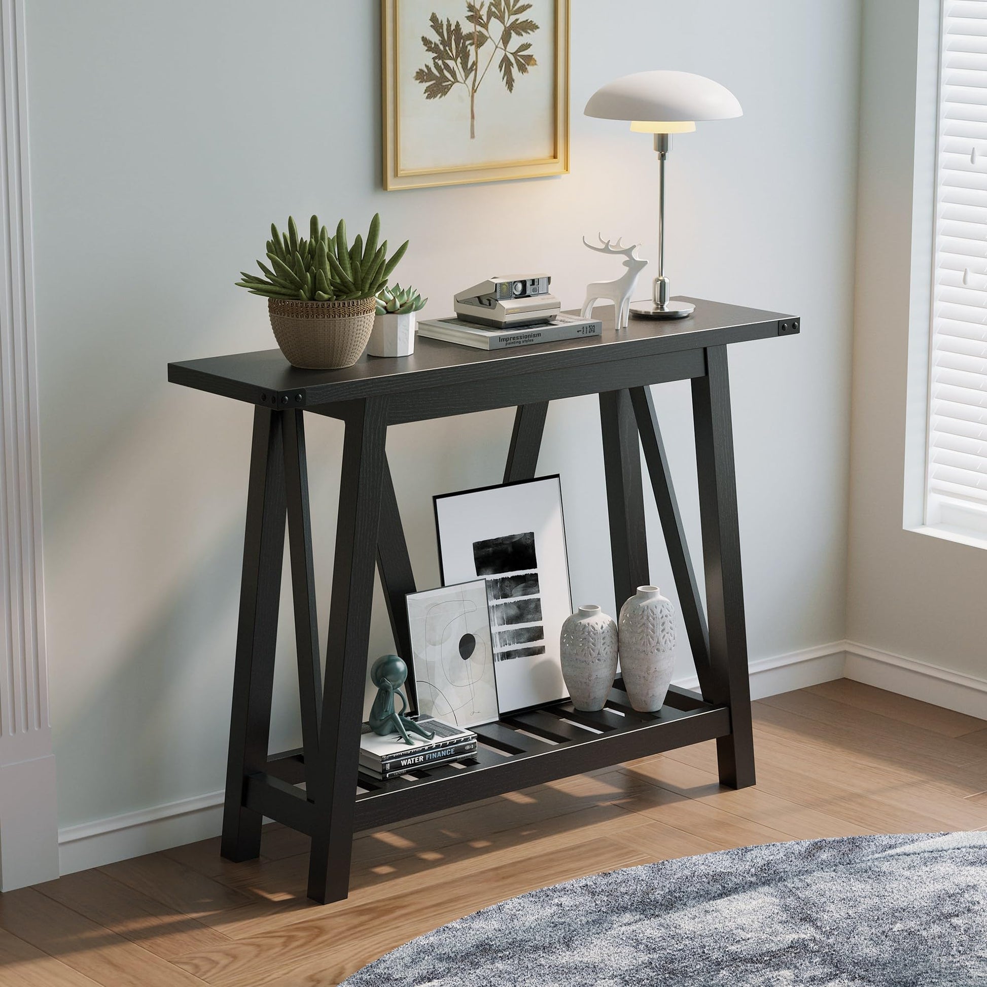 JOINHOM Farmhouse Console Table for Entryway - Wood Entryway Tables with Shelves, Sofa Table for Entryway, Living Room, Black - WoodArtSupply