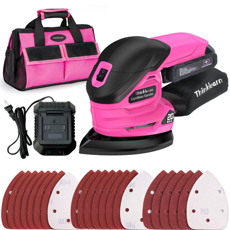 Cordless Detail Sander - 20V Electric Hand Sander with 22Pcs Sandpapers, 12000 RPM Mouse Sander with Dust Bag, Compact Palm Sander Tool for Tight Spaces Woodworking, 2.0Ah Battery and Charger Included ThinkLearn