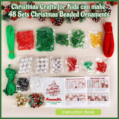 48 Sets Christmas Crafts for Kids Adults, Beaded Ornament Kits to Make 12 PCS Snowman/12 PCS Tree/12 PCS Wreath/12 PCS Candy Cane Xmas Holiday Hanging Tree Decorations Party Supplies(Assembly Needed)