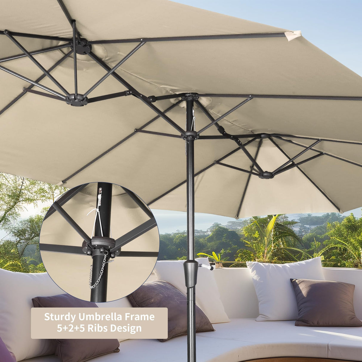 OVASTLKUY 15ft Extra Large Patio Umbrella, Double-Sided Outdoor Market Umbrella with Crank Handle for Poolside, Backyard, Garden, Deck (Khaki) No base OVASTLKUY