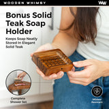 Teak Corner Shower Bench with Matching Soap Holder - Sturdy Waterproof Bathroom Stool Chair with Storage Shelf for Bathing Supplies - Bath Seat and Foot Rest for Shaving Legs - 15" x 15" x 18" Wooden Whimsy