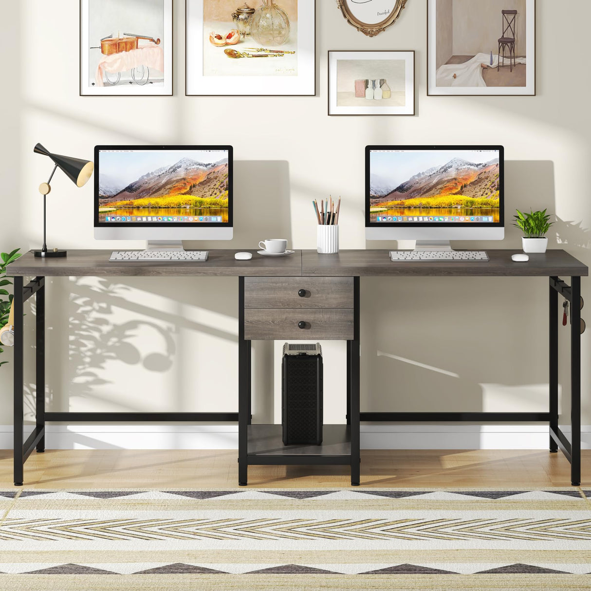 Tribesigns 79 Inch Extra Long Desk, Double Desk with 2 Drawers, Two Person Desk Long Computer Desk with Storage Shelves, Writing Table Study Desk for Home Office, Grey Tribesigns