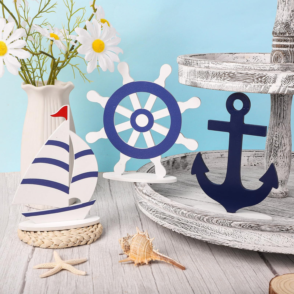 COCHIE Wooden Summer Nautical Decor Set of 3, Double-Sided Anchor Sailboat Tiered Tray Decorations, Wood Cruise Ship Wheel Sign for Tabletop, Home, Desk, Shelf, Party Decoration COCHIE