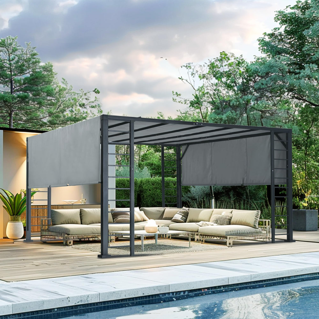 LUXIJOY 10' X 12' Outdoor Retractable Pergola, Aluminum Pergola with Retractable Sun Shade Canopy, Patio Metal Pergola for Deck, Backyard, Garden LUXIJOY