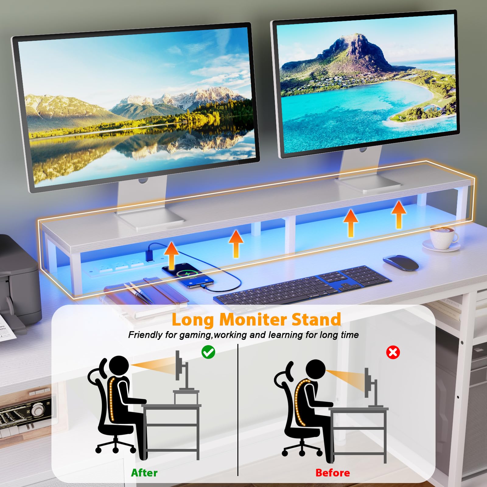 Furologee 61" Desk with LED Light & Power Outlets, Reversible Computer Desk with File Cabinet & Drawer, White Gaming Desk Writing Table with Dual Monitor Stand, for Home/Office/White - WoodArtSupply