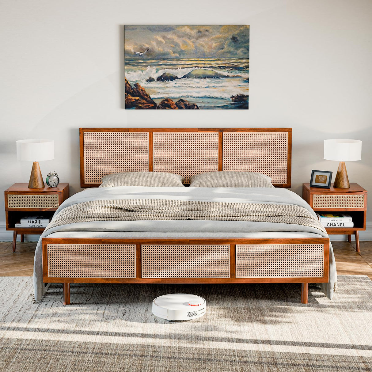 Bme Nancy Dark Chocolate King Bed Frame with Geometric Headboard – Mid Century Modern Solid Acacia Wood Design Bme