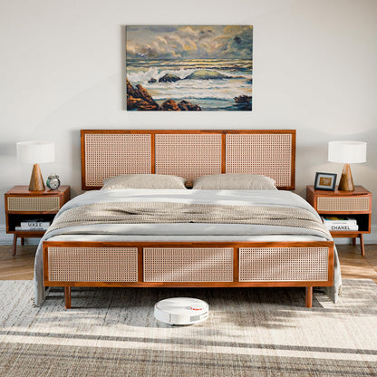 Bme Nancy Dark Chocolate King Bed Frame with Geometric Headboard – Mid Century Modern Solid Acacia Wood Design - WoodArtSupply