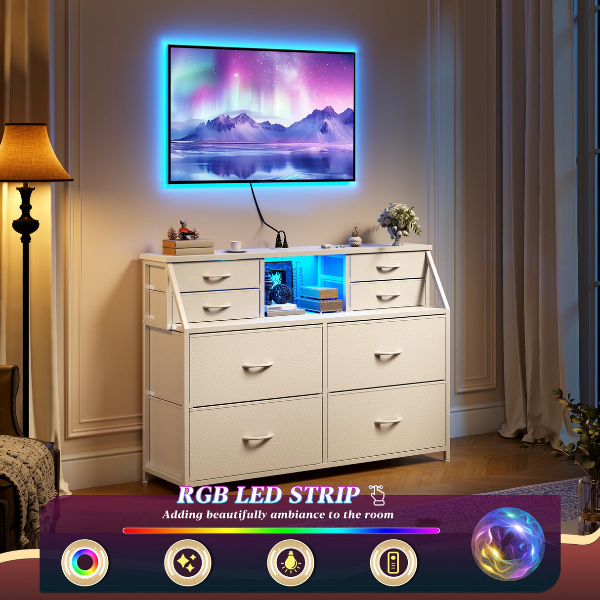 Romorgniz Dresser for Bedroom with Charging Station and LED, Sturdy Chest of Drawers with 8 Drawers and Two Open Shelves for Storage,Bedroom, Living Room,Hallway (White) Romorgniz