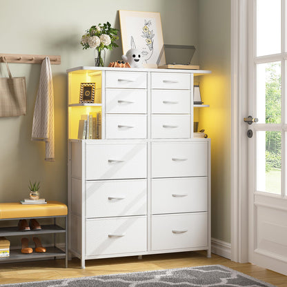 EnHomee Dresser for Bedroom with LED Lights, 12 Drawers Bedroom Dresser, Black Dresser and Tall Dresser with Open Shelves, Fabric Dressers & Chests of Drawers with Sturdy Metal Frame, White