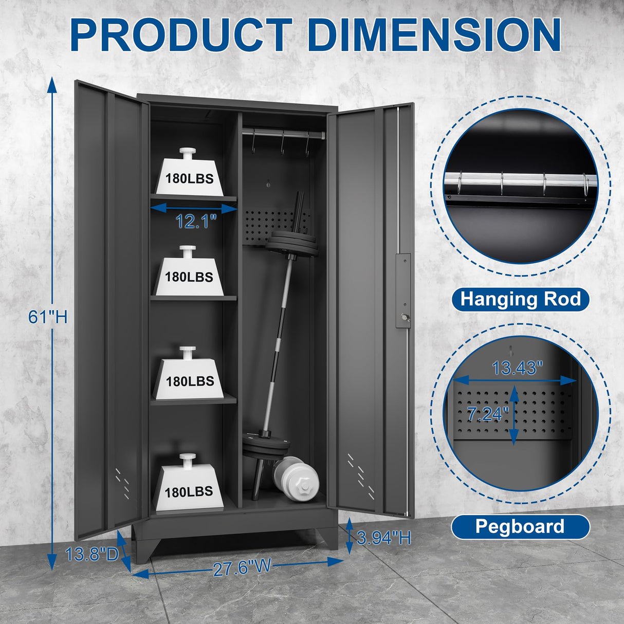 RGGCABINET Metal Storage Cabinet, Black Broom Storage Cabinets with Doors and Shelves, Tall Garage Tool Cabinet, Lockable Cleaning Closet Storage Cabinet for Home, Office, Laundry Room, Warehouses RGGCABINET