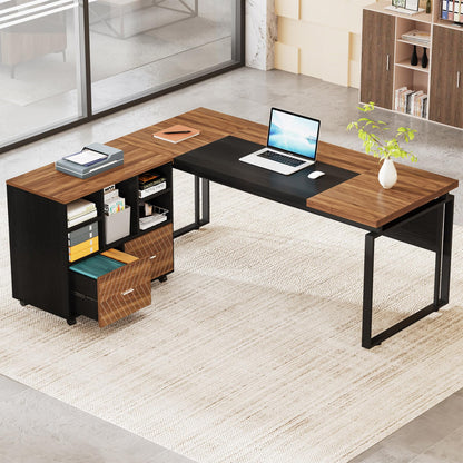 Tribesigns L-Shaped Executive Desk with Reversible File Cabinet, 63" Office Desk with Storage Drawers, L-Shaped Computer Desk with Drawer Cabinet for Hanging Letter Size Files (Walnut & Black - WoodArtSupply