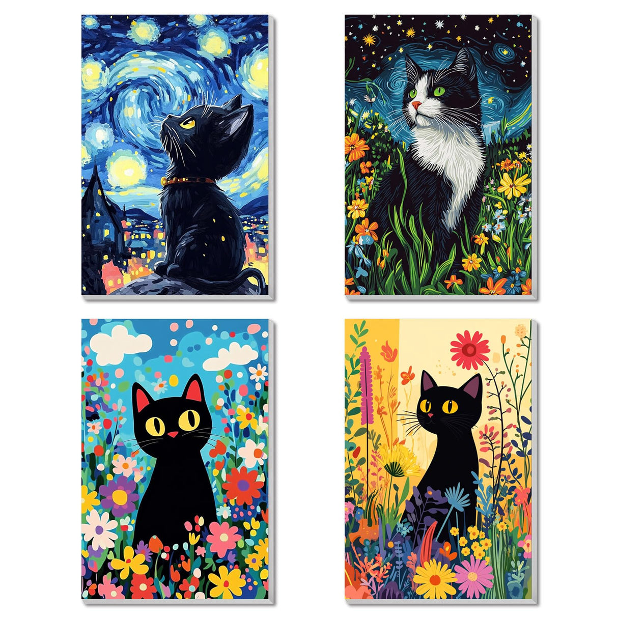 4 Pack Framed Paint by Numbers Kit for Adults Beginner Canvas Painting by Numbers for Adults Black Cat Easy Adult Paint by Number Kits with Frame Starry Night Watercolor Painting by Number 8x12 Inch obterie