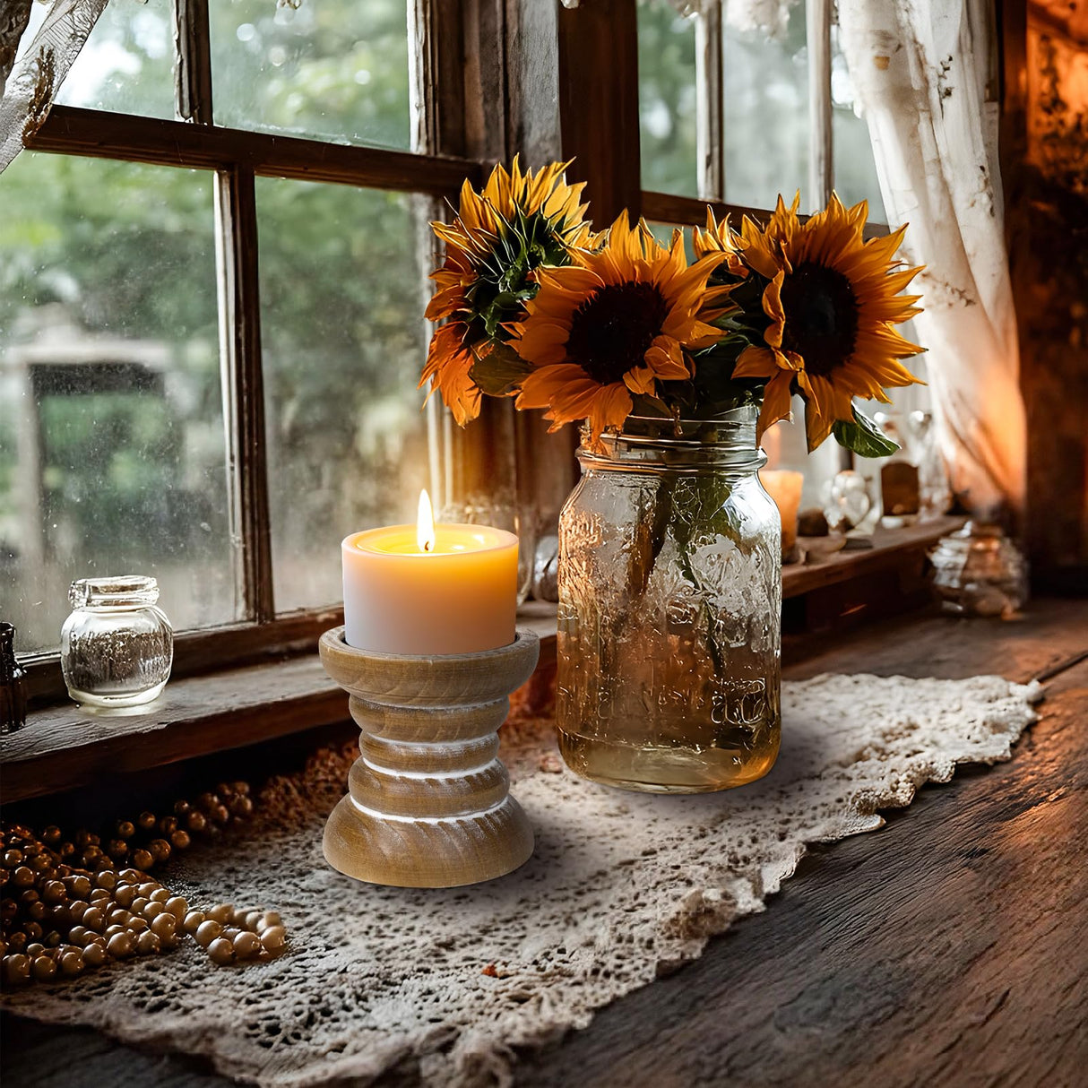 Pillar Candle Holder, Farmhouse Wood Candle Holder, Rustic Wooden Candle Stand, Vintage Small Wooden Candlestick Holders for Living Room, Table Centerpiece, Brown CEDARLUX