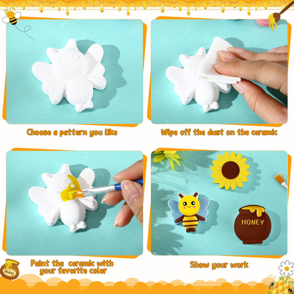 Geelin 18 Set Bee DIY Painting Kit Summer Ceramic to Paint Your Own Bee Statues Unpainted Plaster Figurines Brushes Acrylic Paints Bags Party Favor for Adults Geelin