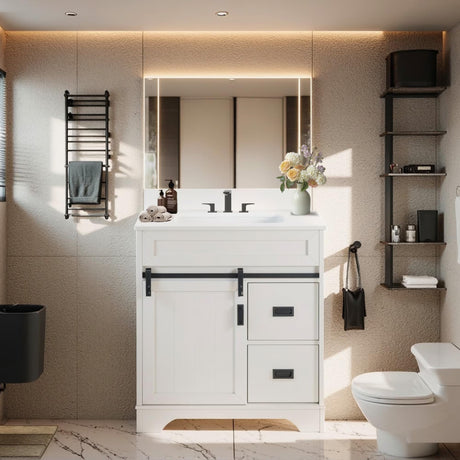 Furrnook Farmhouse Bathroom Vanity with Single Undermount Sink, Sliding Barn Doors, 2 Drawers & Ample Storage | Durable Engineered Stone Countertop | Freestanding Cabinet (30 inch) Furrnook