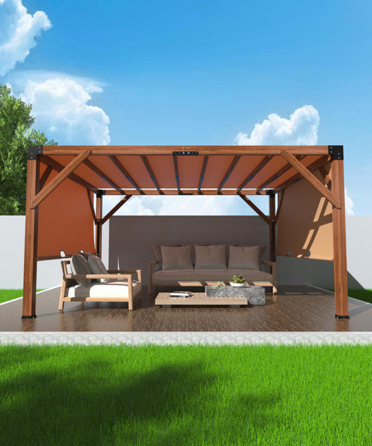 DEXSO 12'X 14' Cedar Wood Pergola with Solid Structure, Retractable Shade Canopy, Durable, Rot Resistant, Patio Pergola for Backyard, Deck, Garden, Outdoor Entertaining