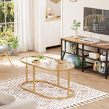 Coffee Table Gold Glass Coffee Tables for Living Room, Oval Table Center Table with Sturdy Metal Frame,Modern Tempered Glass Accent Tables for Bedroom Home Office Wolawu
