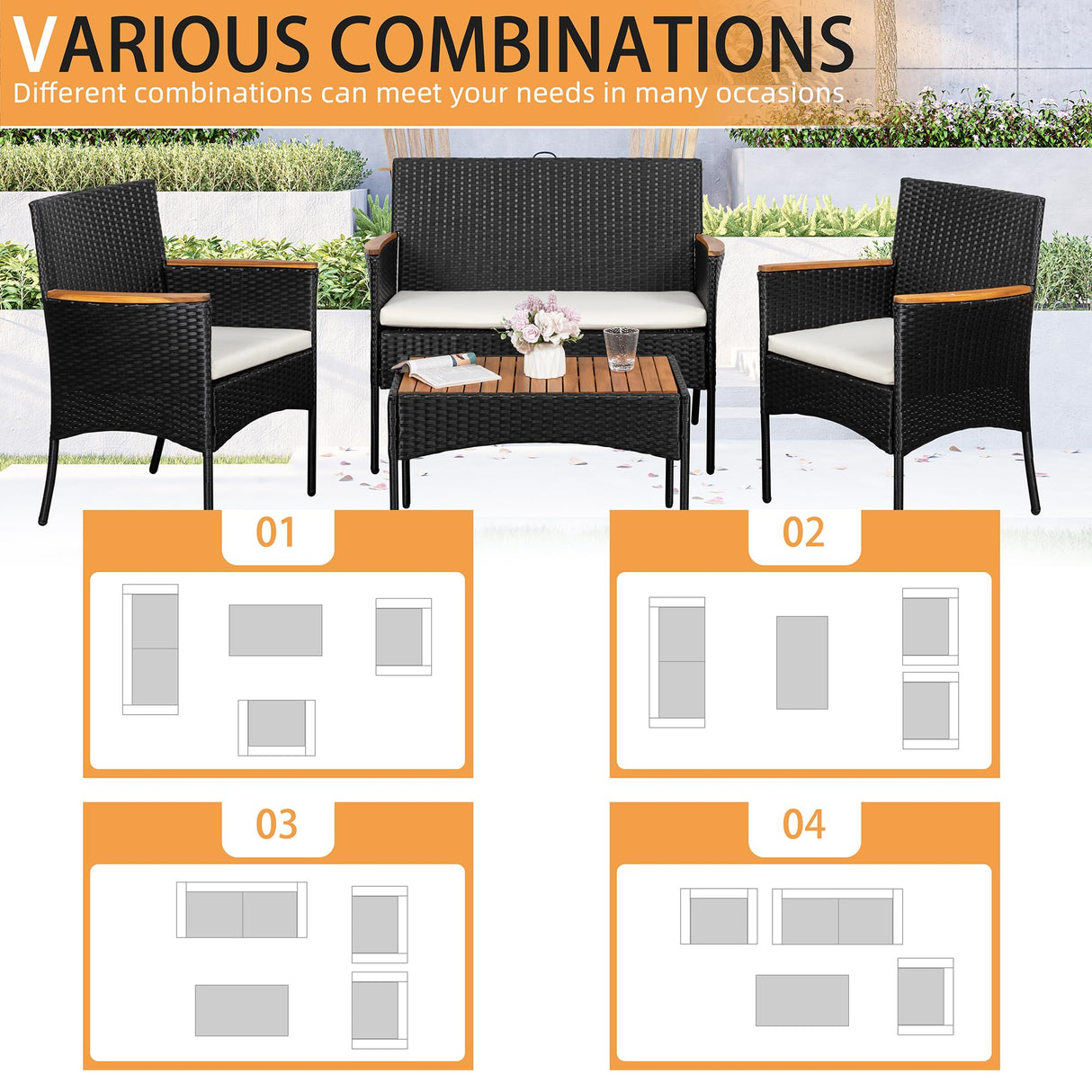 Shintenchi 4-Piece Patio Furniture Set, Outdoor Wicker Patio Conversation Furniture Set with Cushions and Wooden Tabletop for Paito Lawn Backyard, White Cushion Shintenchi