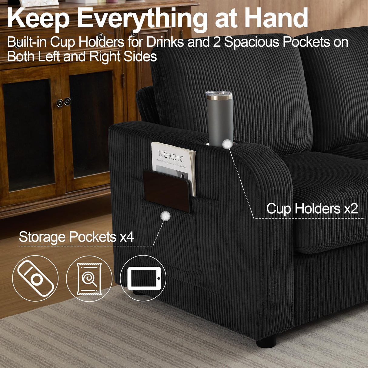 Abbrevi 87.4" Oversize 3 Seater Couch,Upholstered Sofa for Living Room,Modern Deep Seat Comfy Loveseat Couch with Cup Holders,Corduroy Love Seat Sofa (Black) Abbrevi