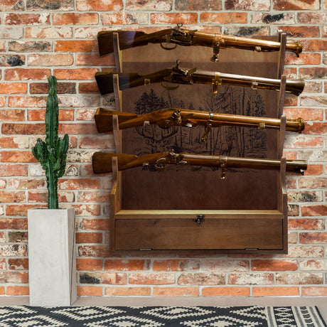 Yuntau Four Gun Wooden Gun Display Rack with Cabinet Storage Compartment for Gun Accessories Gun Rack for Wall Gun Wall Mount Wall Gun Racks for Rifle Home Gun Racks with Soft Pad Deer Pattern Yuntau