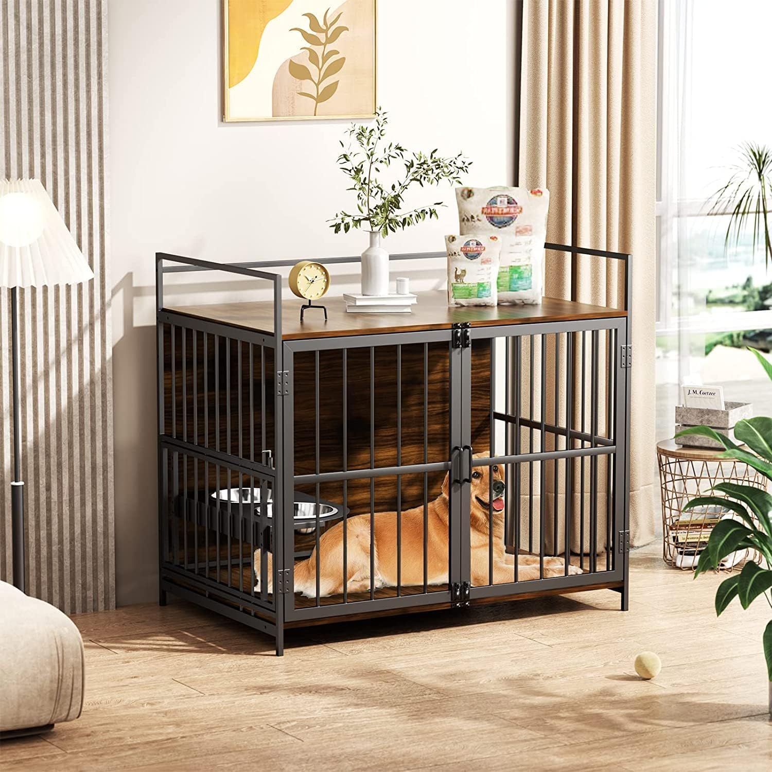 ROOMTEC Furniture Style Large Dog Crate with 360° & Adjustable Raised Feeder for Dogs 2 Stainless Steel Bowls -End Table House Pad, Indoor Use,41" L X 24" W 36" H, Classic Brown - WoodArtSupply