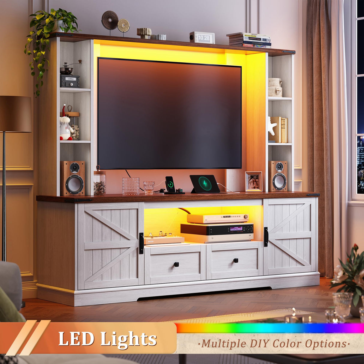 Entertainment Center with 2 LED Lights & Power Outlets, Large Farmhouse Wall Unit Entertainment Center for 60 Inch Television Stand, TV Stands for Living Room with Storage Shelf, White EnHomee