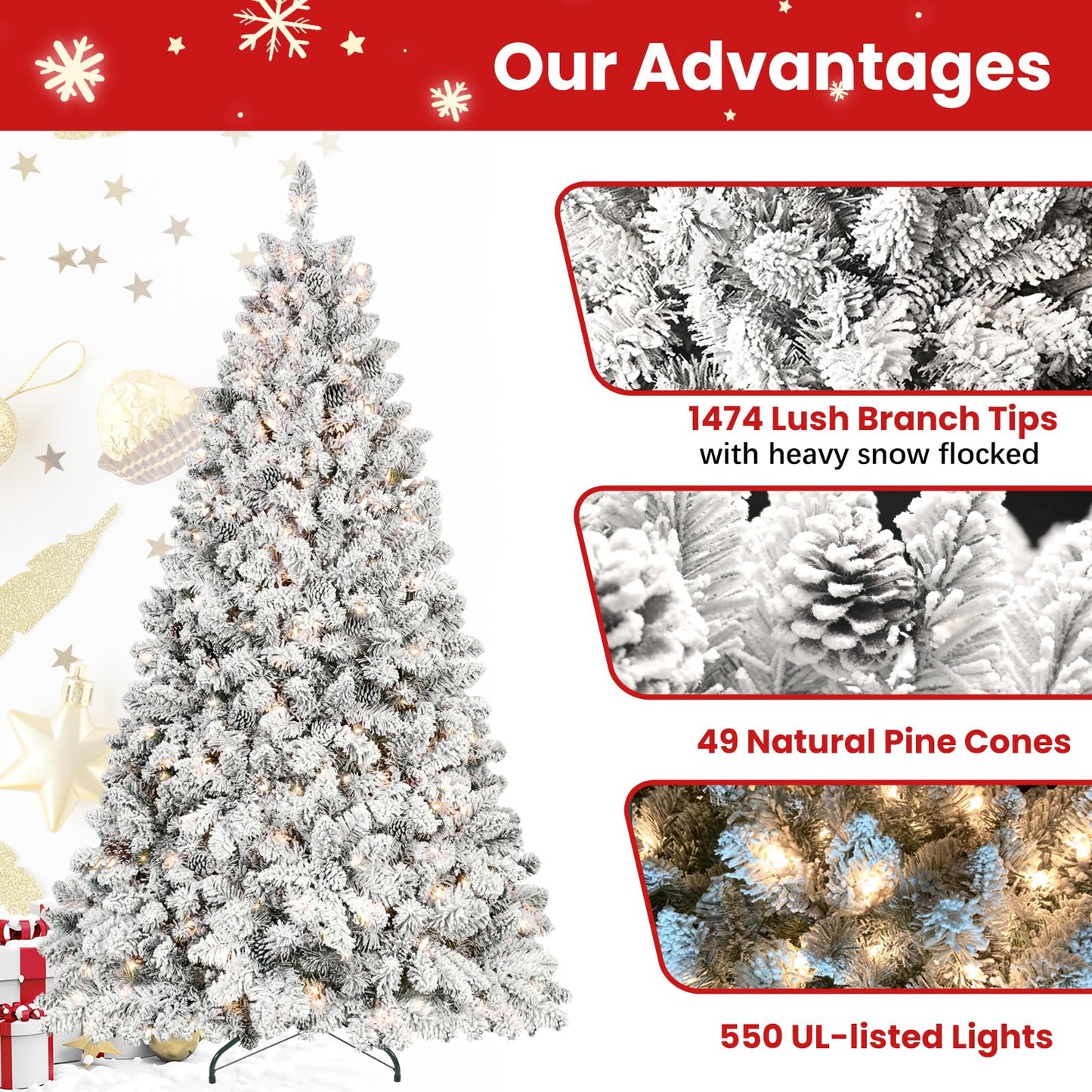 Maylaviu 8 ft Flocked Christmas Tree Prelit, Snow Frosted Artificial Christmas Tree with 700 UL Lights, Pine Cones & 1754 Tips, Auto Hinged Easy Setup Full Prelighted Large Christmas Tree