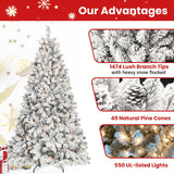 Maylaviu 8 ft Flocked Christmas Tree Prelit, Snow Frosted Artificial Christmas Tree with 700 UL Lights, Pine Cones & 1754 Tips, Auto Hinged Easy Setup Full Prelighted Large Christmas Tree Maylaviu
