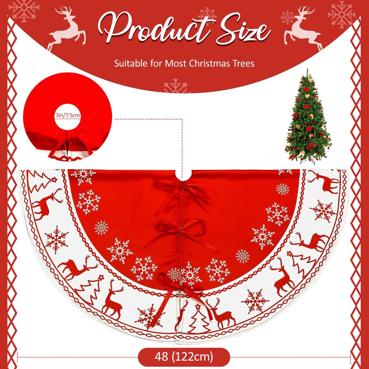 OurWarm Christmas Tree Skirt 48 Inches, Large Xmas Tree Skirts with Snowflake and Reindeer Pattern, Red and White Tree Mat for Christmas Winter Holiday Indoor Decorations OurWarm