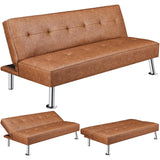 Yaheetech Convertible Sofa Couch Futon Bed Faux Leather Sofa Bed Sleeper Adjustable Loveseat Futon Couch Living Room Furniture with Chrome Metal Legs, Brown Yaheetech