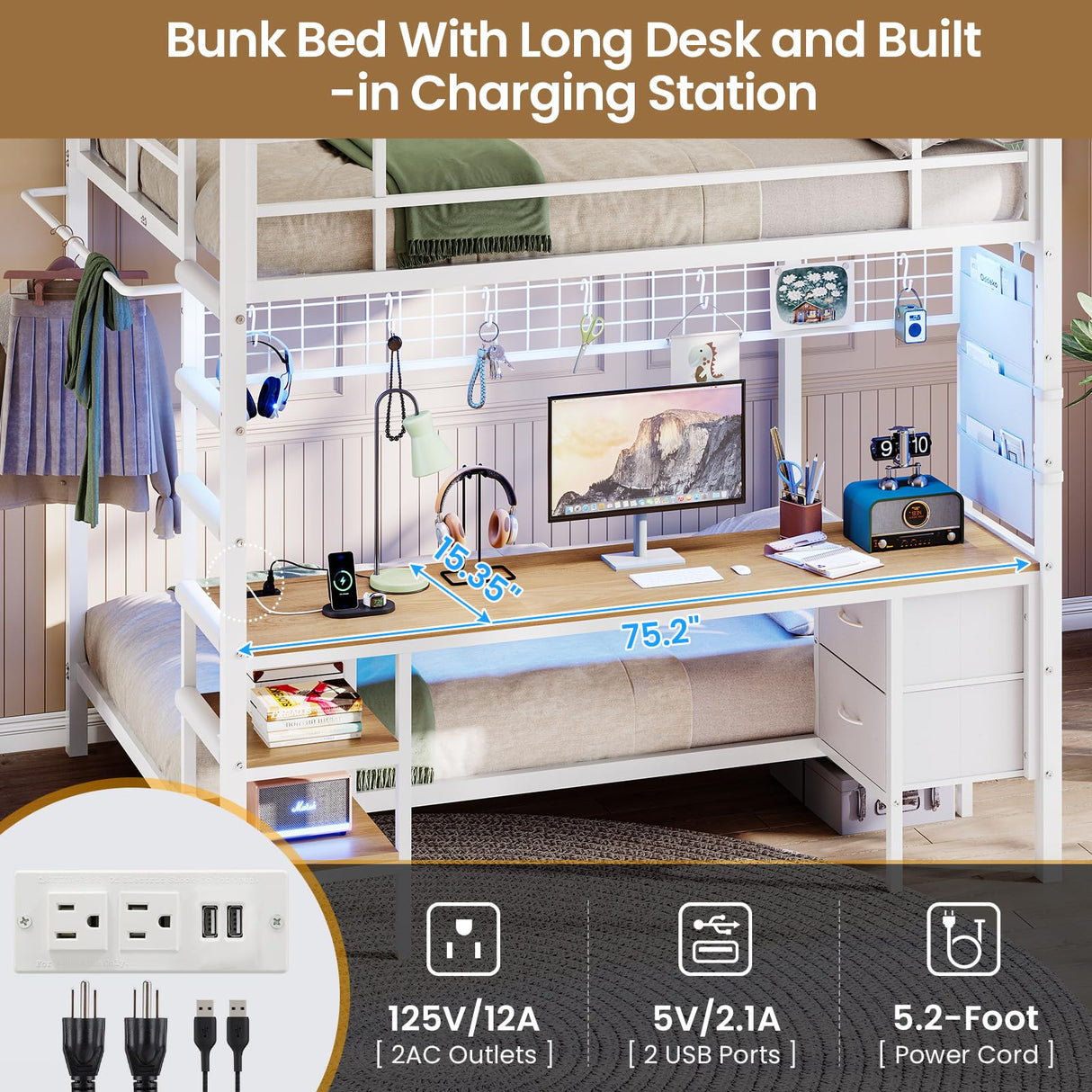 DICTAC Full Over Twin Size Bunk Bed with Desk and Led Lights Metal Loft Bed Frame with Charging Station,Storage Shelves and Drawers for Teen & Adults,Safety Guard & Ladder,No Box Spring Needed,White DICTAC