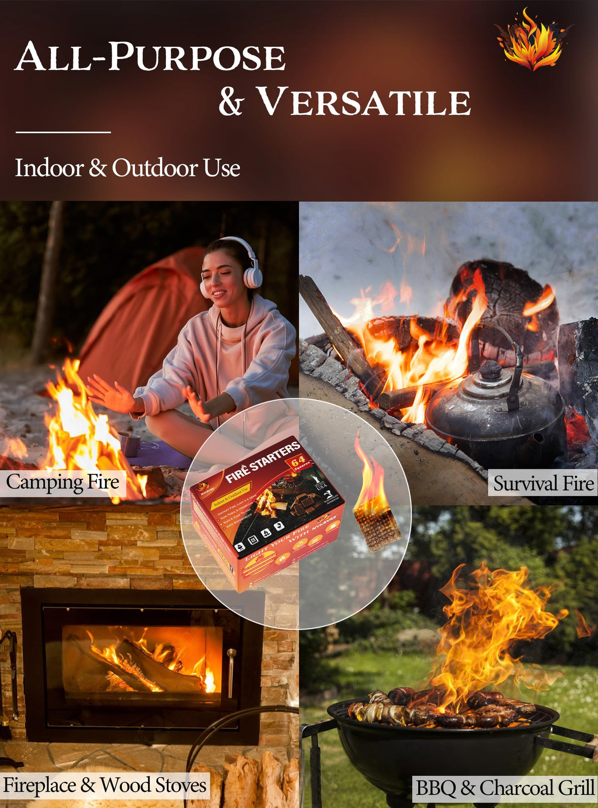 Nvkrvks Fire Starter, Easy-Burning Fire Starter Squares for Wood Stoves, Campfires, Grill Pit and Fireplace, Natural & Waterproof BBQ Fire Starters, 64 Mini Square Nvkrvks