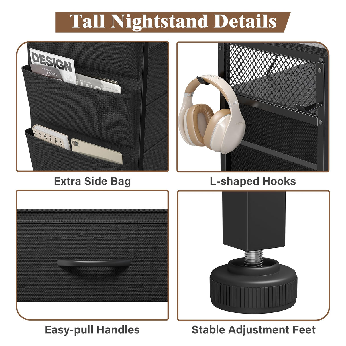 EnHomee Nightstand with Charging Station, Tall Night Stand with 5 Dresser Drawers, LED Nightstands with USB Ports & Outlets, Black Night Stand with Side Bag, Night Stands with Storage Shelf, Bedroom EnHomee