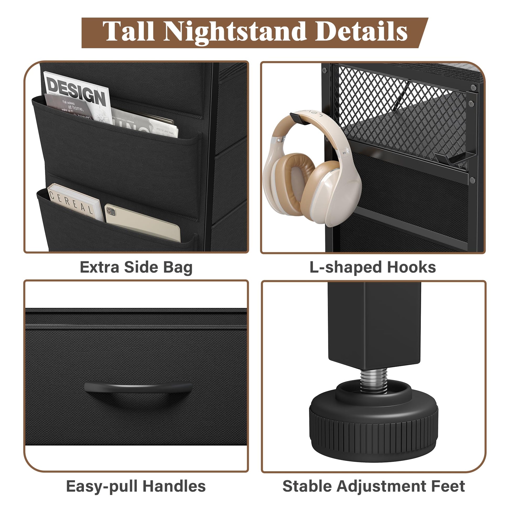 EnHomee Nightstand with Charging Station, Tall Night Stand with 5 Dresser Drawers, LED Nightstands with USB Ports & Outlets, Black Night Stand with Side Bag, Night Stands with Storage Shelf,  - WoodArtSupply