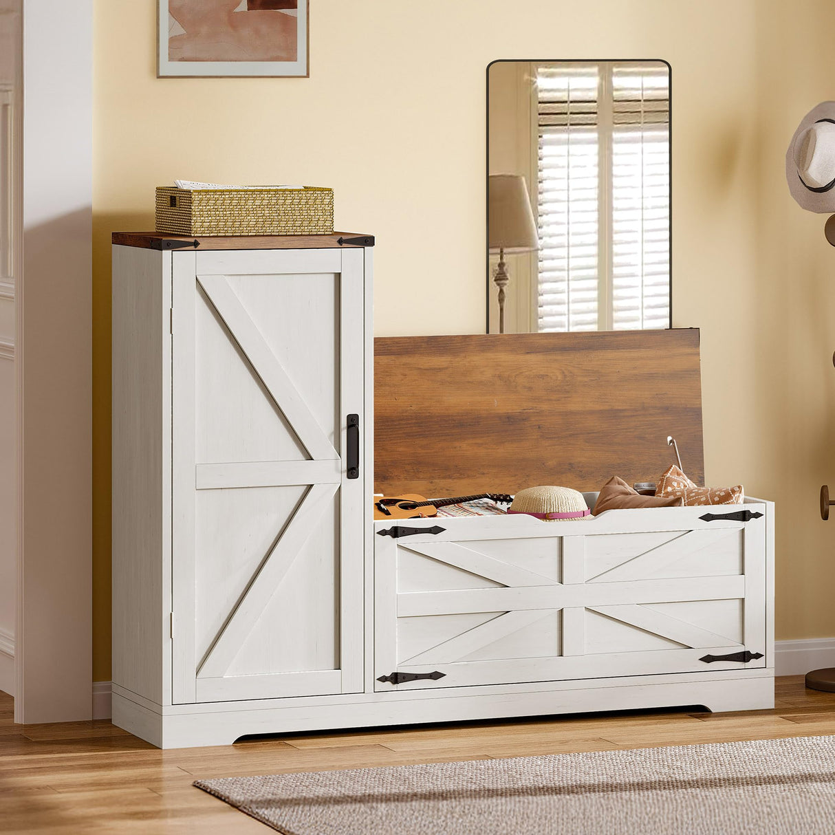 YITAHOME Shoe Cabinet with Bench, Shoe Storage Cabinet with Adjustable Shelves, Farmhouse Shoe Organizer Cabinet, L-Shaped Shoe Cabinet Storage for Entryway, Hallway, Living Room, White & Brown YITAHOME