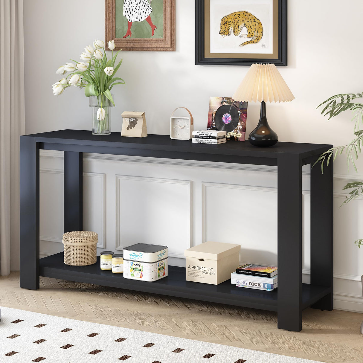 XD Designs Minimalist 60-Inch Long Console Table Sofa Table with Bottom Shelf and Thick Legs, Wood 2-Tier Narrow Accent Entryway Table for Hallway Living Room Foyer Corridor (Black-All) XD Designs