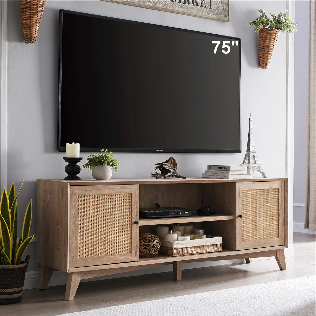OKD TV Stand for 75+ Inch TV, Mid Century Modern Entertainment Center with Natural Rattan Door, Storage Shelves, Large Boho Media TV Console, Long Television Stand for Living Room, Oak OKD