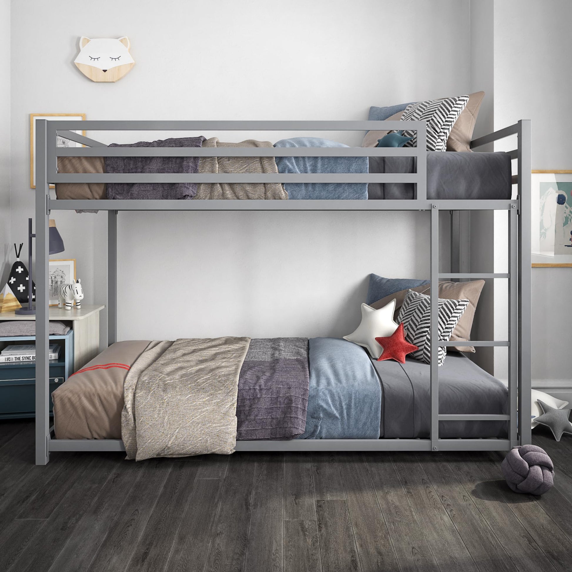 DHP Miles Silver Low Metal Bunk Bed Frame for Kids - Twin Over Twin with Built-in Ladder and High Guardrails - WoodArtSupply