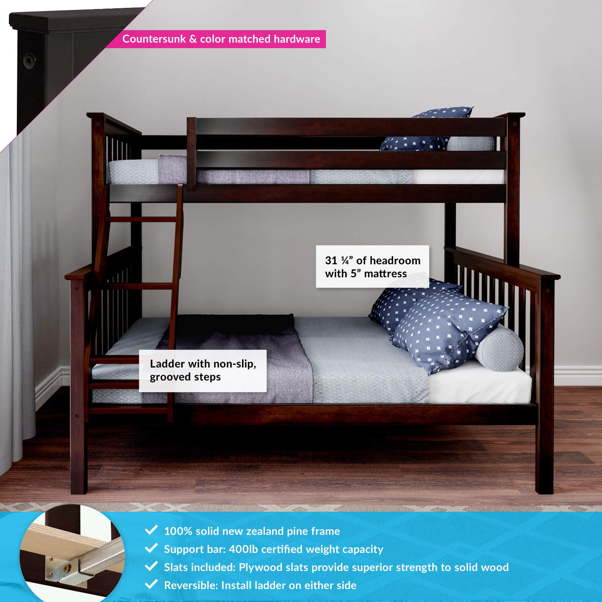 Max & Lily Twin Over Full Bunk Bed in Espresso - Solid Wood Frame with Removable Ladder and Safety Guardrails Max & Lily