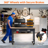 ACONEE 48" Adjustable Workbench, Heavy Duty Workstation 2000 LB Load Capacity, Rubber Wood Top Workstation with Drawer & 4 Rolling Casters, Power Outlets, Metal Frame, Workbench for Workshop Garage ACONEE