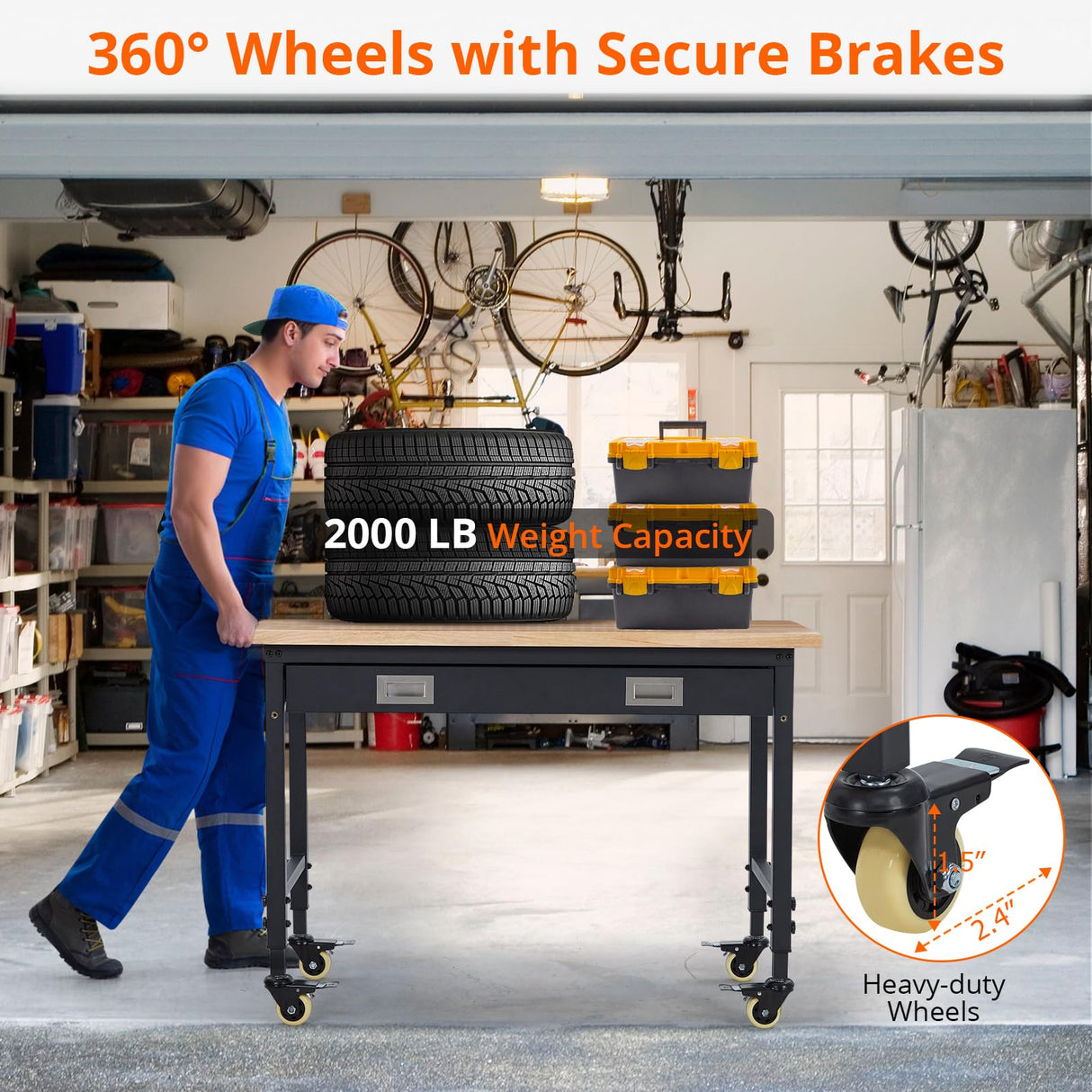 ACONEE Adjustable Height Workbench, 48" Heavy Duty 2000 LB Load Capacity, Solid Rubber Wood Top, Sturdy Metal Frame, Workstation with Drawer & 4 Rolling Casters, Power Outlets for Garage Workshop ACONEE