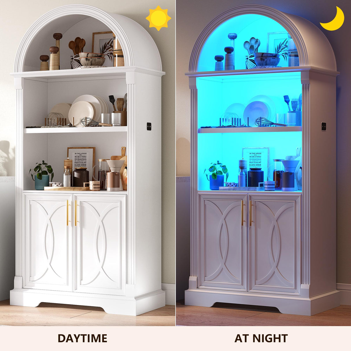 Vlsrka 71" Tall Arched Kitchen Pantry Cabinets, Wood Kitchen Storage Cabinets/Arched Bookshelf/Bookcase,China Cabinet with Open & Adjustable Shelves, Induction LED Light (White 2 PCS) Vlsrka