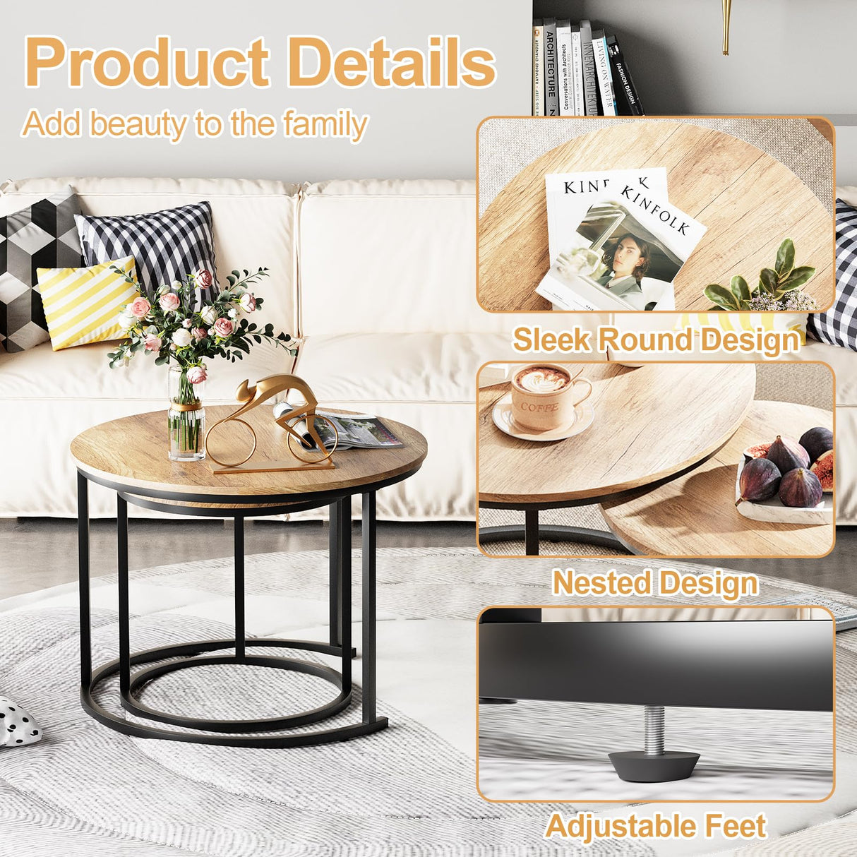 Garden 4 you Nesting Coffee Table, 23.6" Round Coffee Table Set of 2, Wooden Nesting Table Set for with Metal Frame, Side Tables for Living Room Bedroom Balcony, Brown Garden 4 you