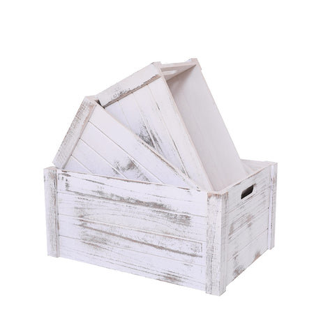 SENRYEE Farmhouse Antique White Wooden Crate For Storage,Rustic Decorative Boxes,Set Of 3 Extra Large Nesting Wooden Storage Crates For Home Decor,Handmade Natural Solid Wood Box (Rustic White) SENRYEE
