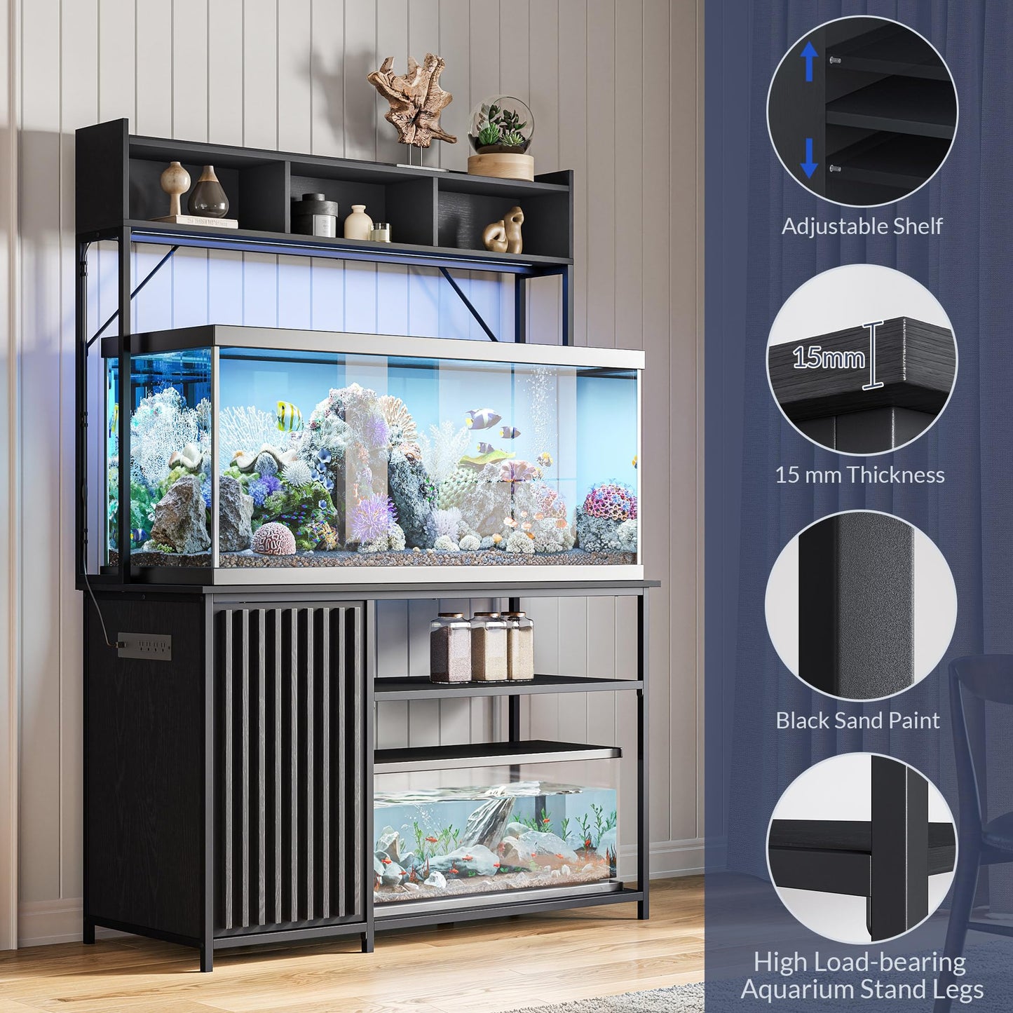 BELLEZE 55-90 Gallon Aquarium Stand with LED Lights, Fluted Cabinet For Fish Tank Accessories Storage, Heavy Duty Metal & Power Outlets, 1200 LBS Capacity, Turtle Tank Reptile Terrarium, Black Ebony