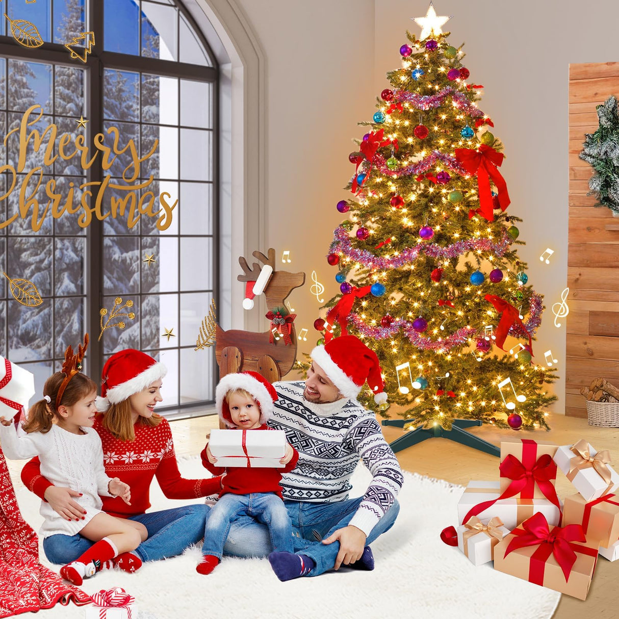 Axcoix 𝐌𝐮𝐬𝐢𝐜𝐚𝐥 Rotating Christmas Tree Stand, Adjustable Tree Stands with Remote Control Music, Speed and Light, Artificial Christmas Tree Stand for Up to 8 FT 100 LB Tree Axcoix