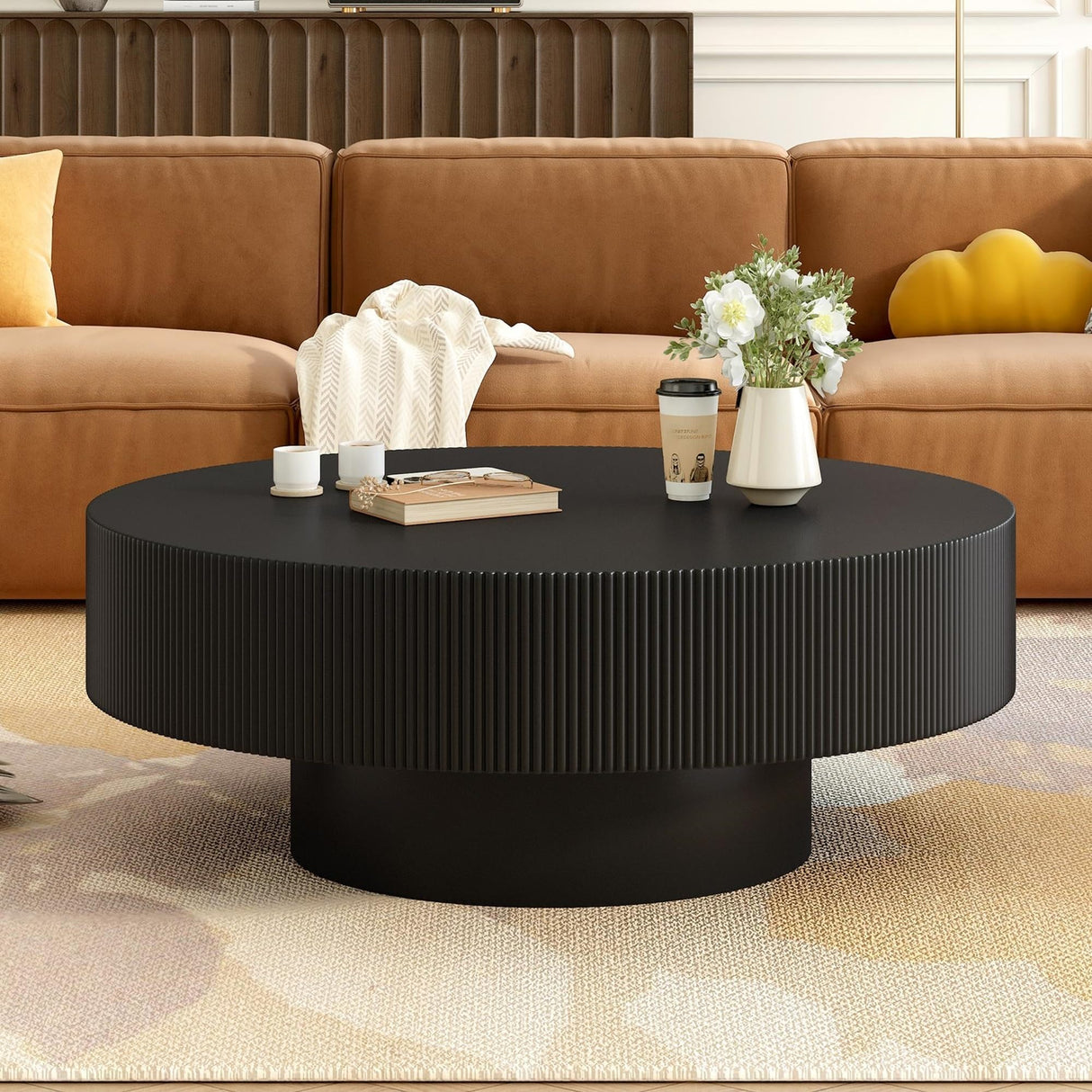 Merax Modern Round Coffee Table with Sturdy Base, Wood Center Tables for Living Room Reception Room, Easy Assemble, Black Merax
