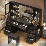 TOKSOM Black Vanity Desk with Mirror, Lights & Charging Station, 58.3" 3 Lighting Modes Makeup Desk with 8 Drawers, 2 Cabinets and Lots Storage, Dressing Table Vanity Set with Lighted Mirror TOKSOM