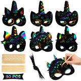 30 Pcs Unicorn Scratch Mask Rainbow Paper Art Mask, Wooden Stylus and Elastic Bands Scratchboard Party Dress up Costumes for Unicorn Party Supplies Sabary
