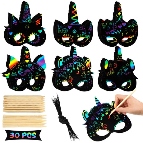 30 Pcs Unicorn Scratch Mask Rainbow Paper Art Mask, Wooden Stylus and Elastic Bands Scratchboard Party Dress up Costumes for Unicorn Party Supplies Sabary